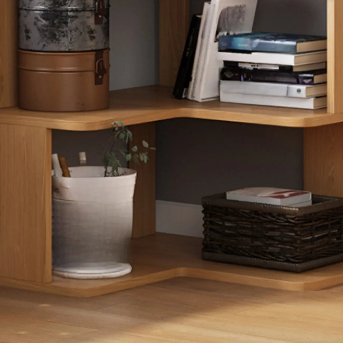 Bibliothèque d'angle profonde en bois avec dos ouvert pour le salon