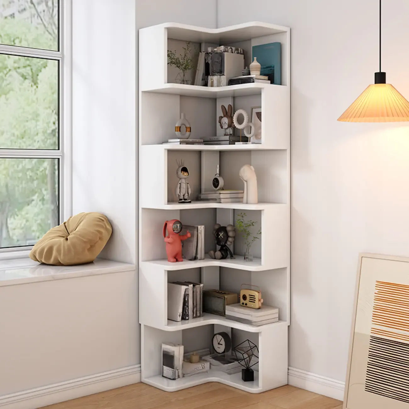 Bibliothèque d'angle profonde en bois avec dos ouvert pour le salon
