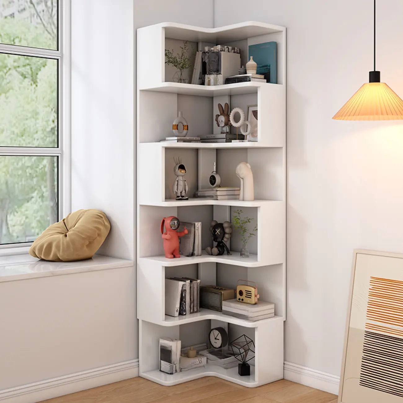 Bibliothèque d'angle profonde en bois avec dos ouvert pour le salon
