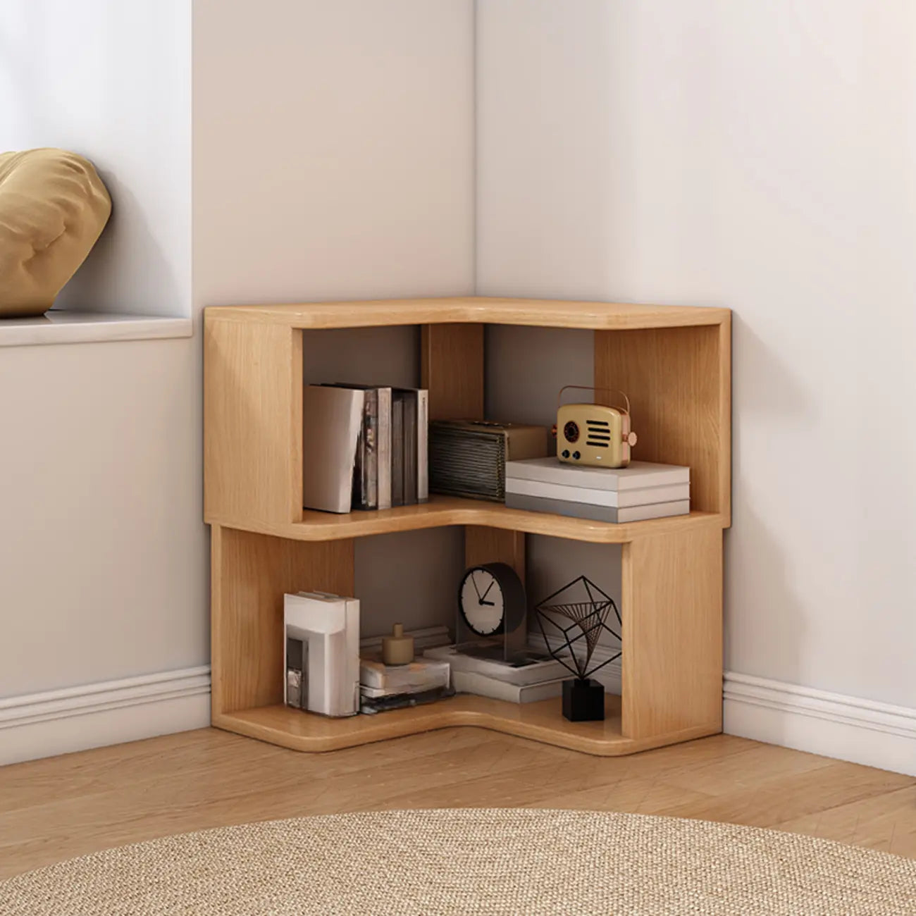 Bibliothèque d'angle profonde en bois avec dos ouvert pour le salon