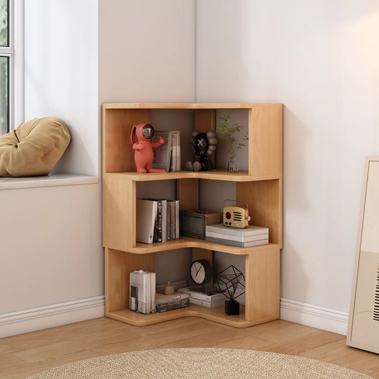 Bibliothèque d'angle profonde en bois avec dos ouvert pour le salon