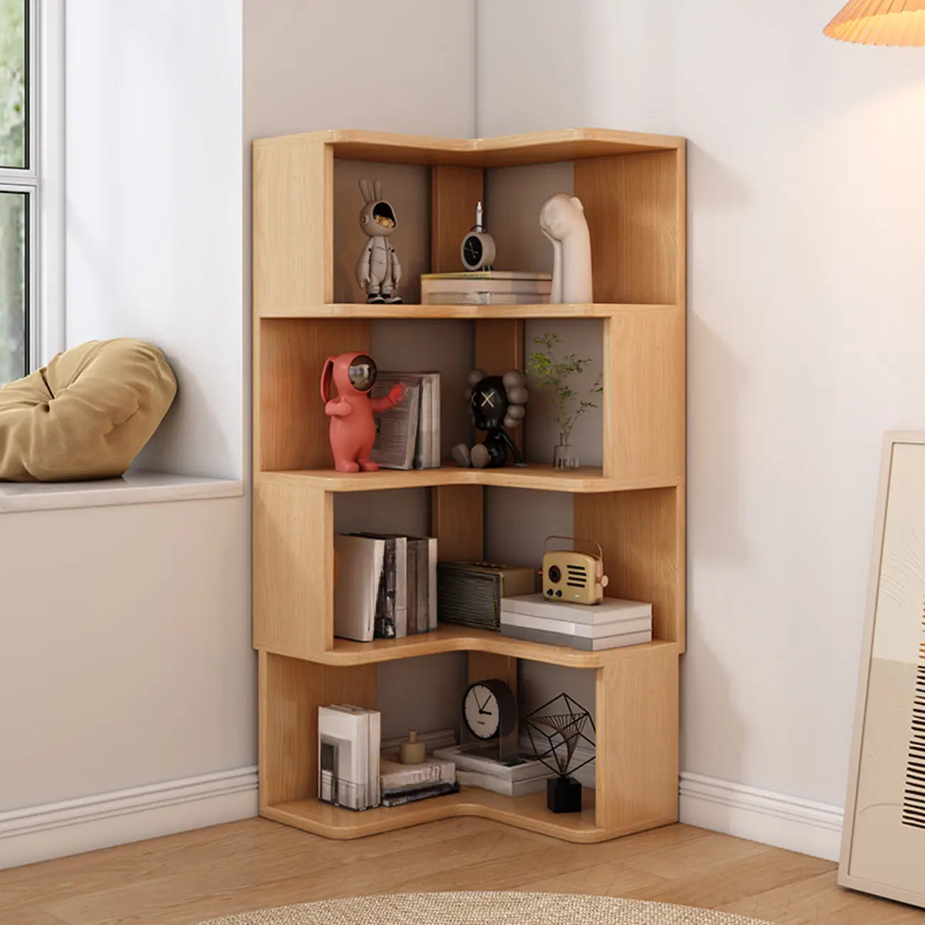 Bibliothèque d'angle profonde en bois avec dos ouvert pour le salon