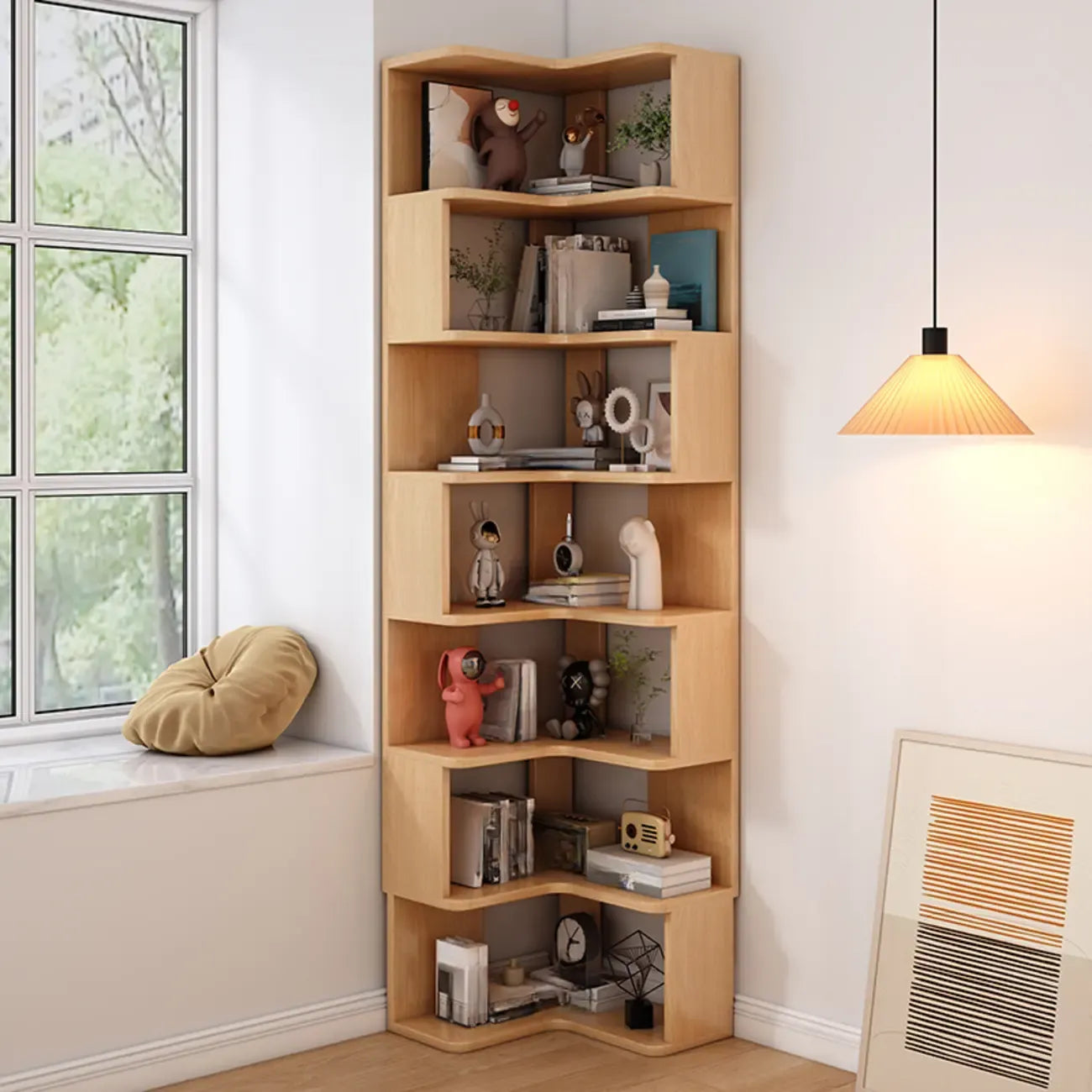 Bibliothèque d'angle profonde en bois avec dos ouvert pour le salon