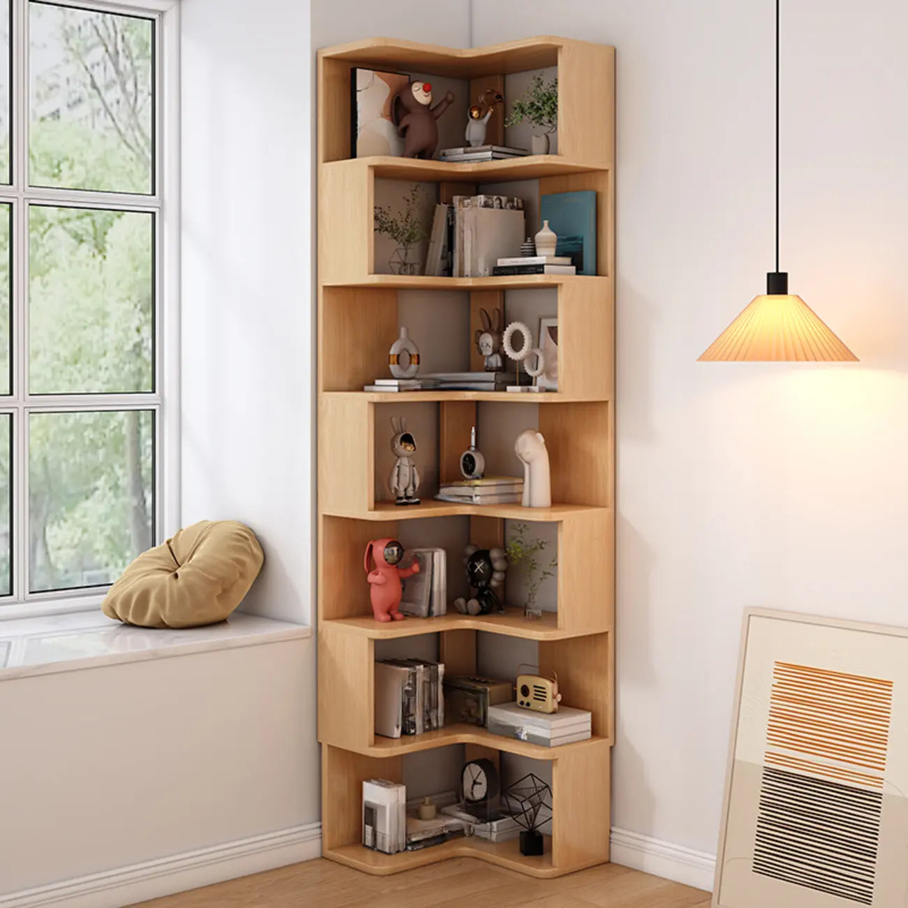 Bibliothèque d'angle profonde en bois avec dos ouvert pour le salon
