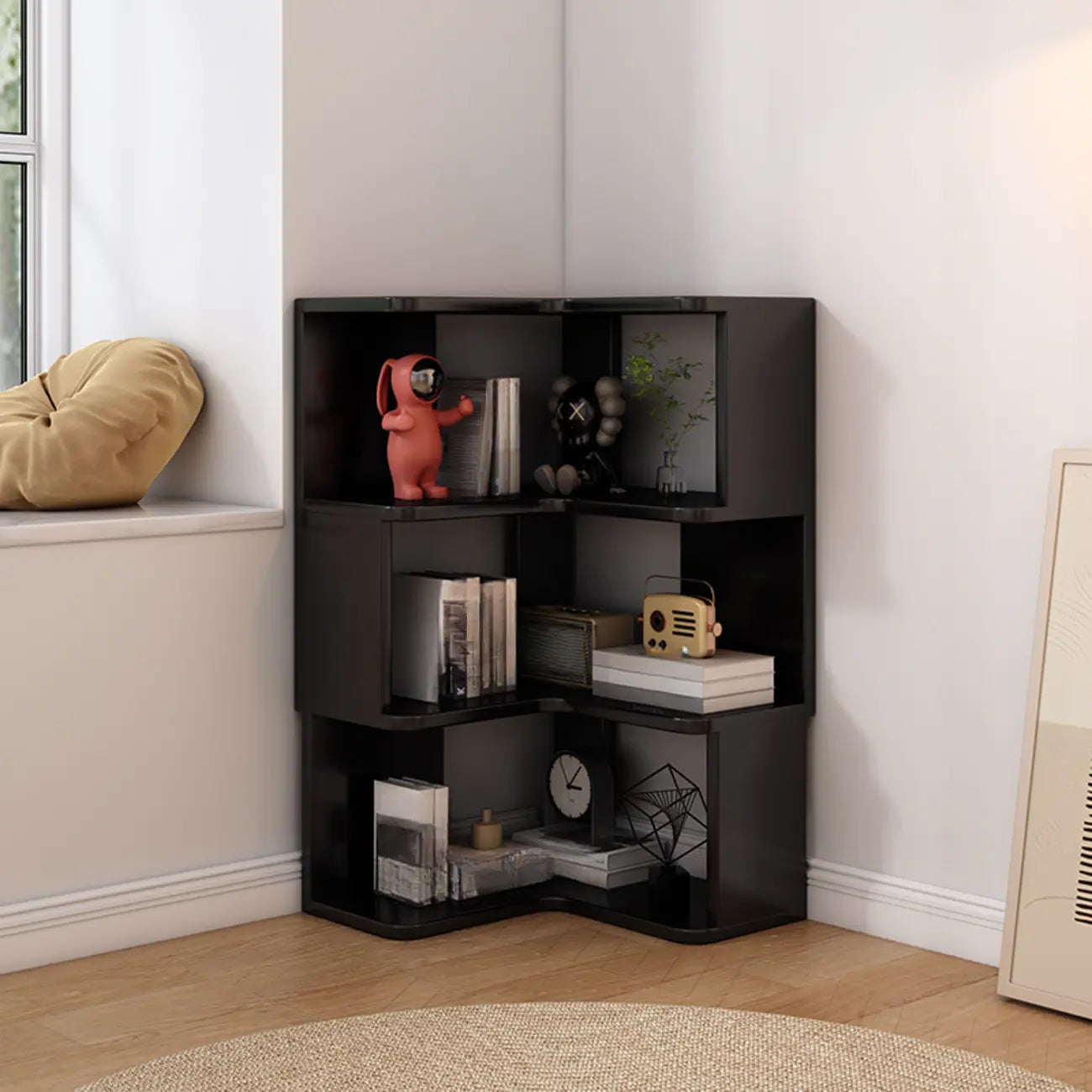 Bibliothèque d'angle profonde en bois avec dos ouvert pour le salon