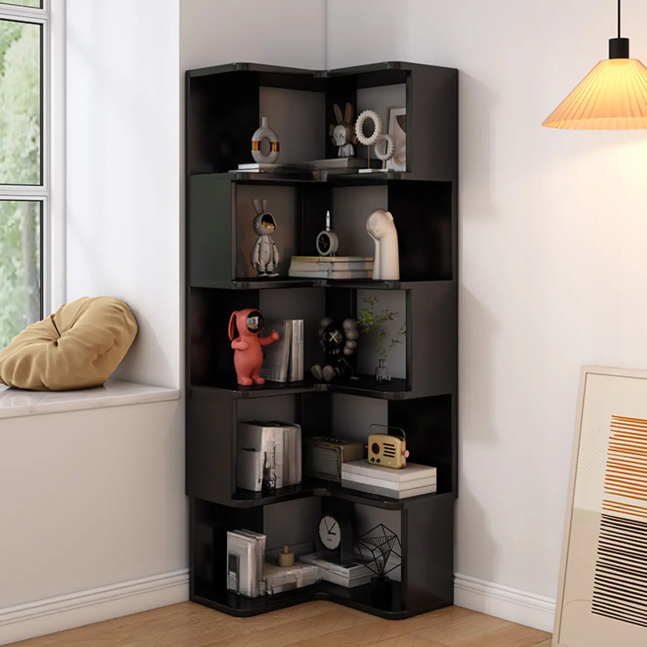 Bibliothèque d'angle profonde en bois avec dos ouvert pour le salon