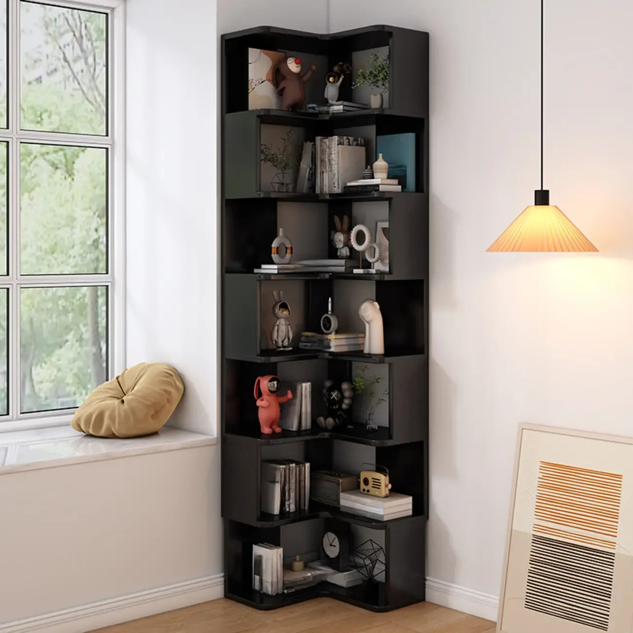 Bibliothèque d'angle profonde en bois avec dos ouvert pour le salon