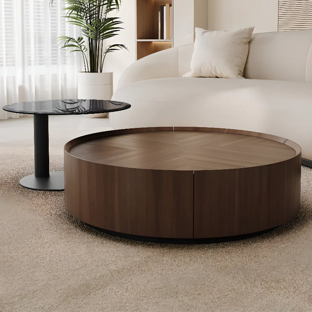 Table basse ronde élégante en bois marron avec rangement
