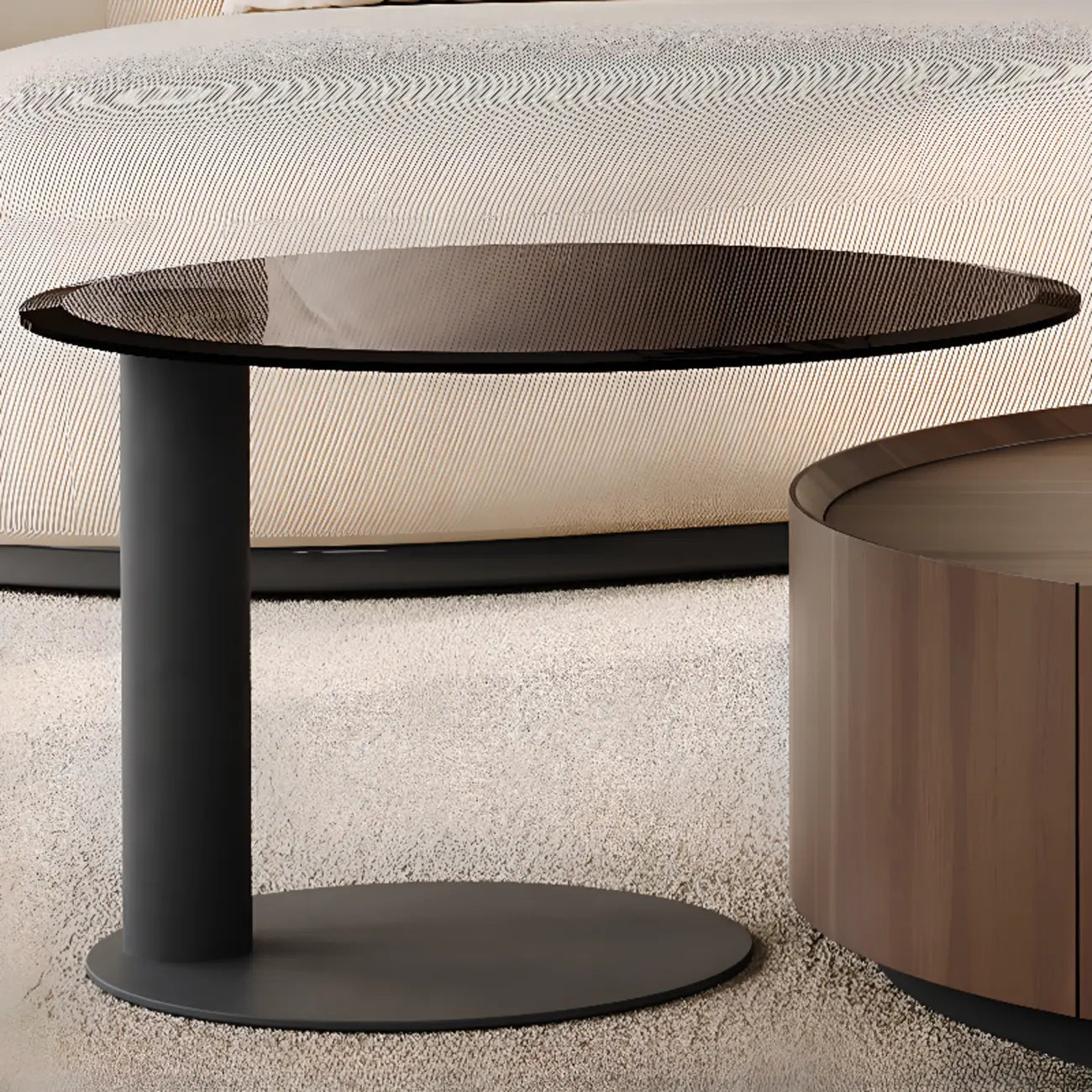 Table basse ronde élégante en bois marron avec rangement