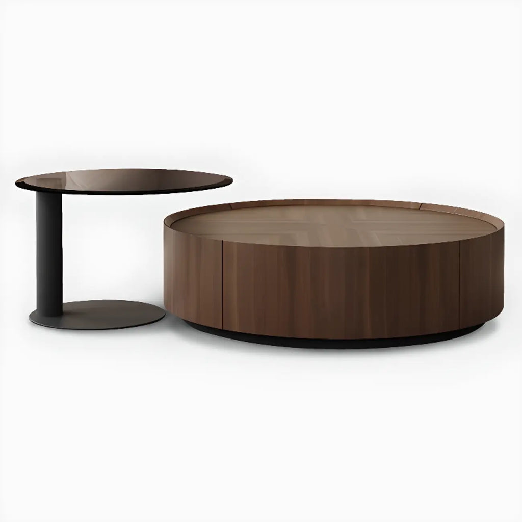 Table basse ronde élégante en bois marron avec rangement