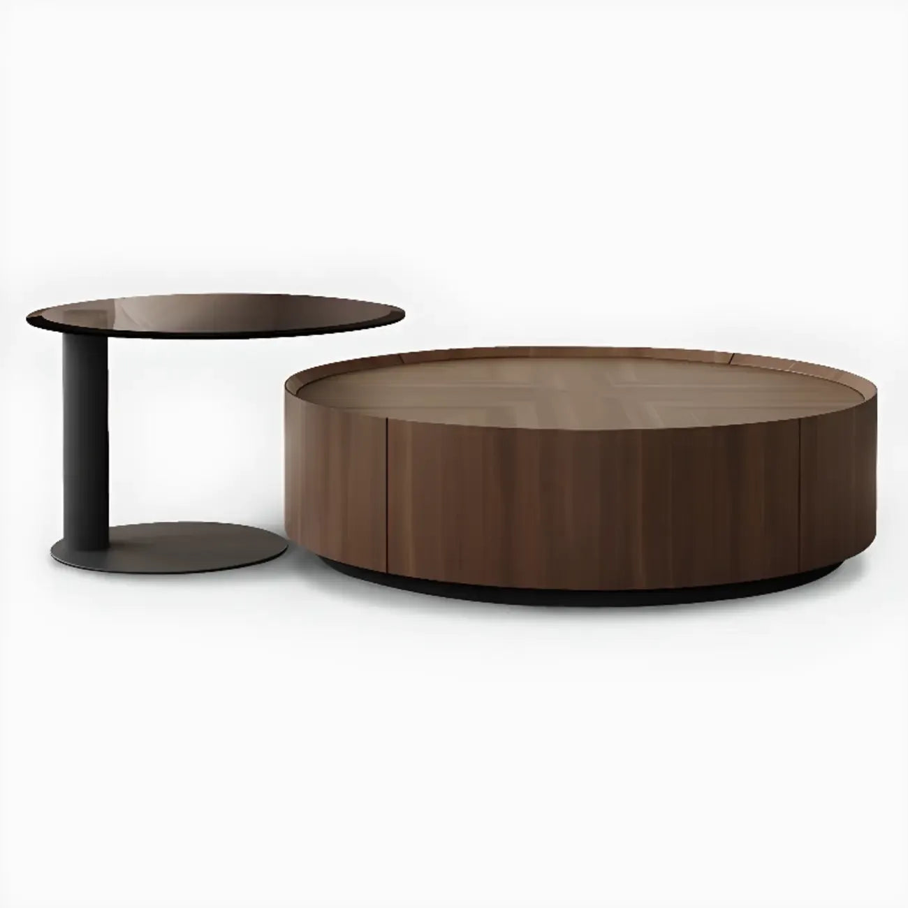 Table basse ronde élégante en bois marron avec rangement