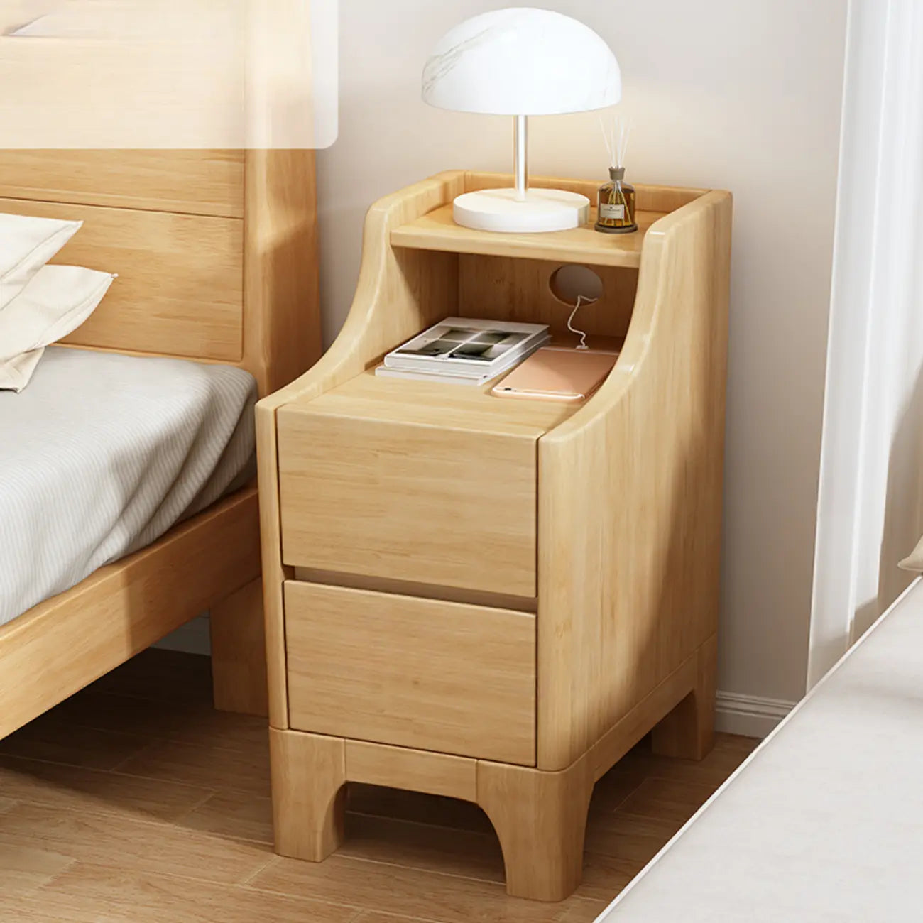 Table de chevet avec tiroir de rangement en bois naturel pour chambre à coucher