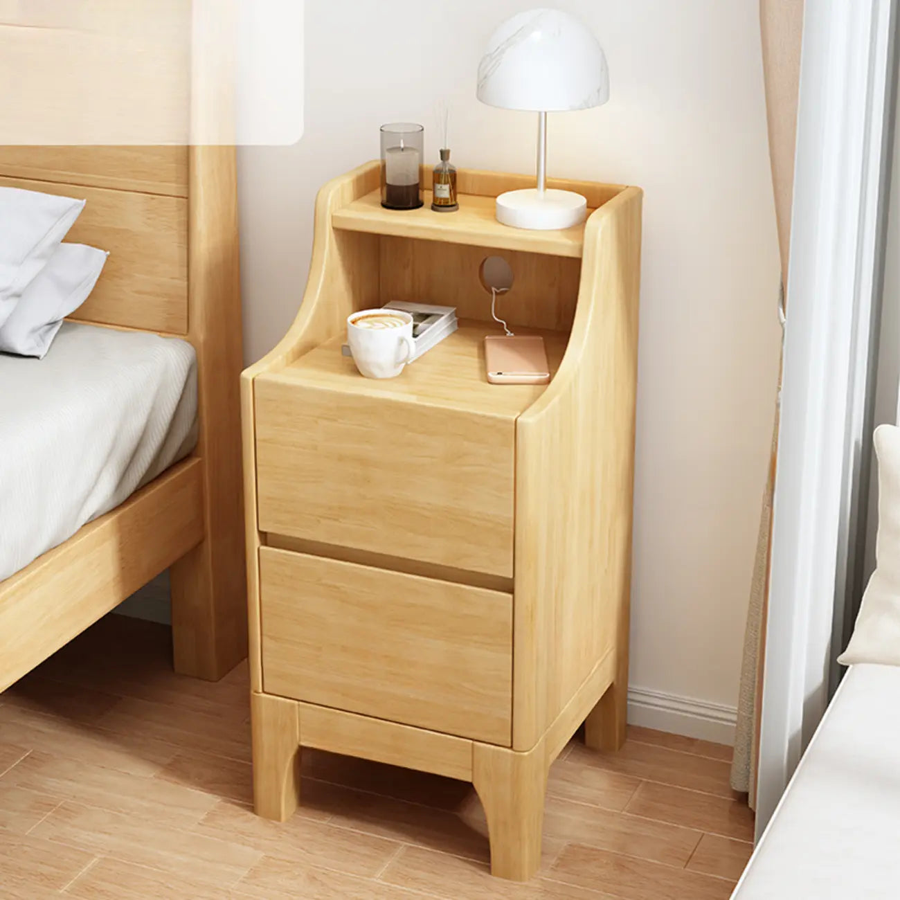 Table de chevet avec tiroir de rangement en bois naturel pour chambre à coucher