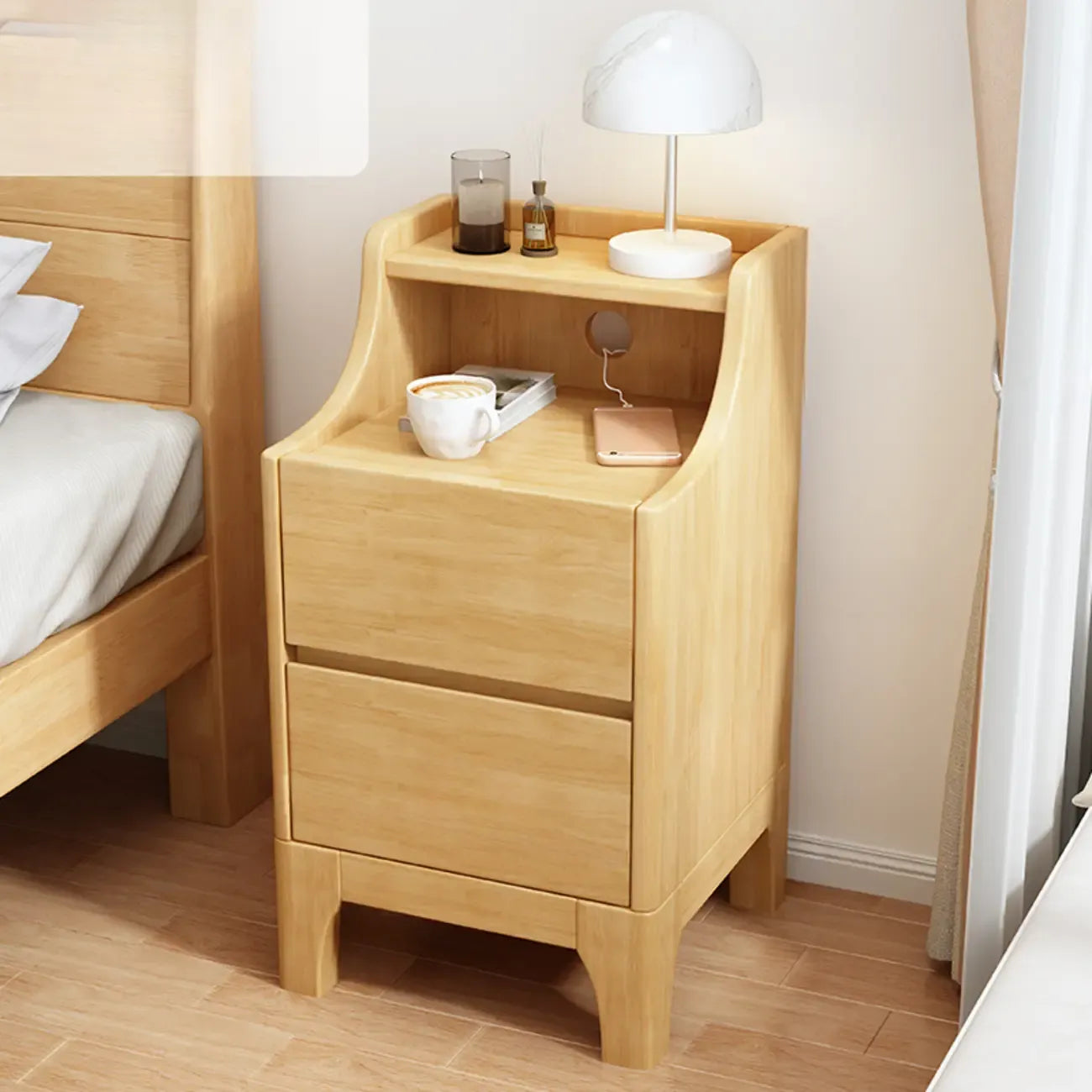 Table de chevet avec tiroir de rangement en bois naturel pour chambre à coucher