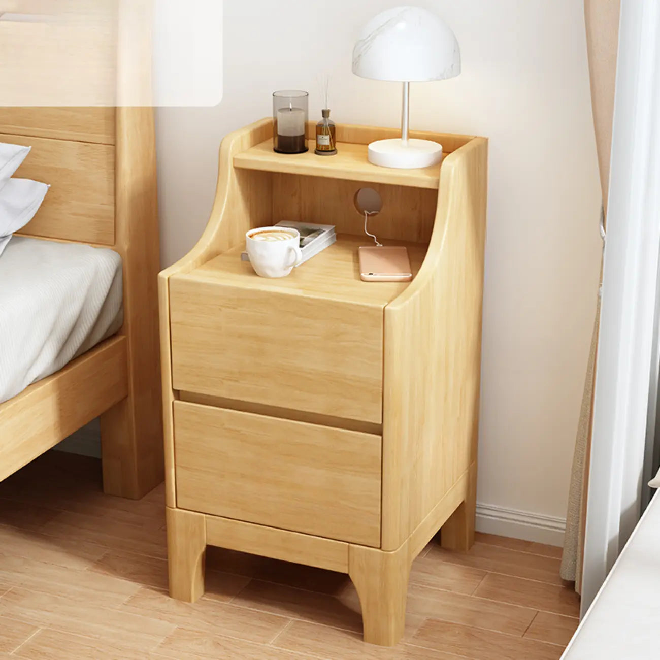 Table de chevet avec tiroir de rangement en bois naturel pour chambre à coucher