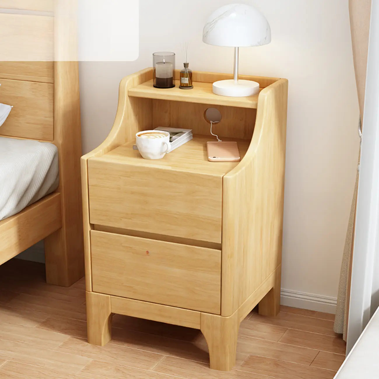 Table de chevet avec tiroir de rangement en bois naturel pour chambre à coucher