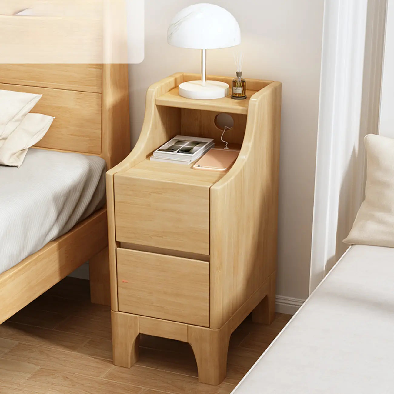 Table de chevet avec tiroir de rangement en bois naturel pour chambre à coucher