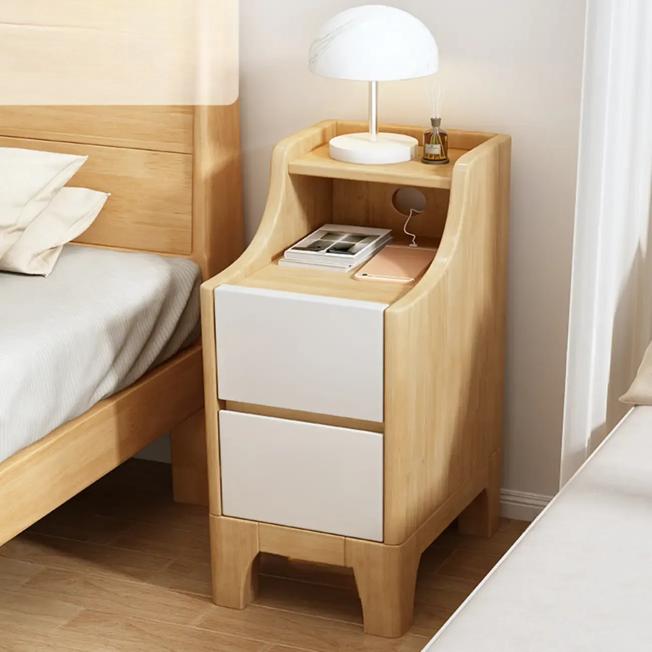 Table de chevet avec tiroir de rangement en bois naturel pour chambre à coucher