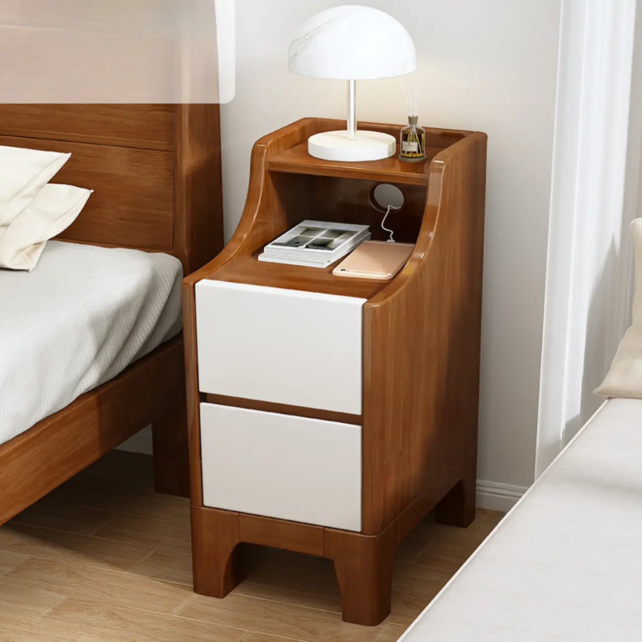 Table de chevet avec tiroir de rangement en bois naturel pour chambre à coucher