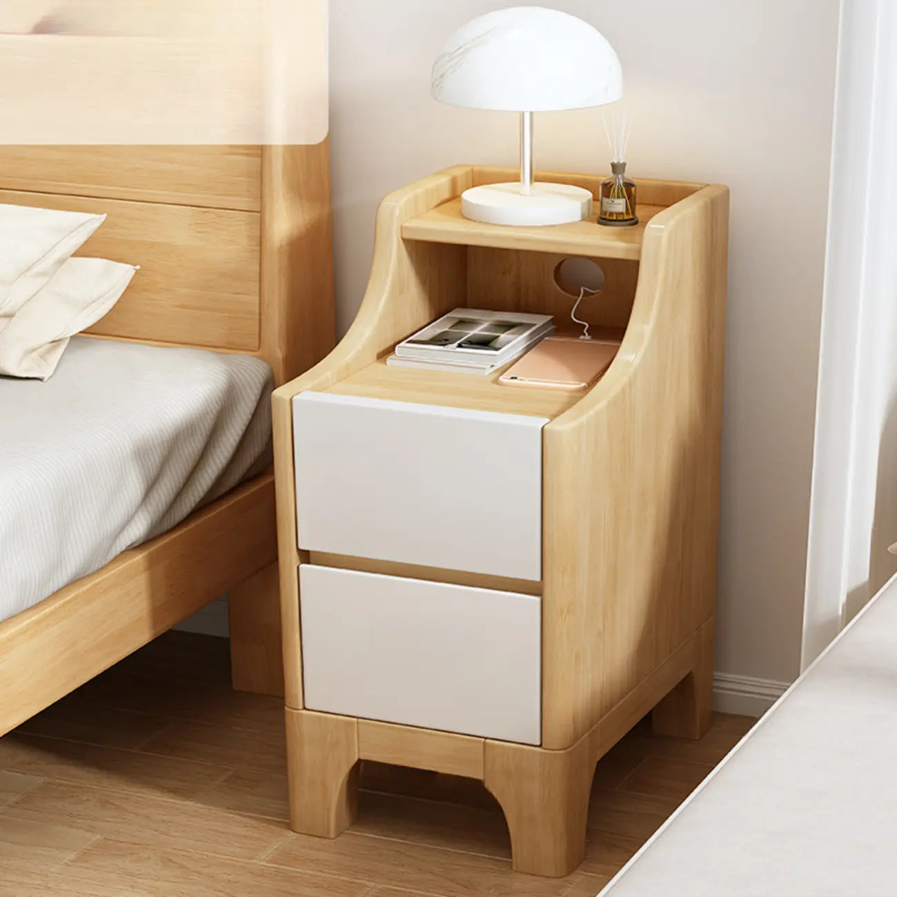Table de chevet avec tiroir de rangement en bois naturel pour chambre à coucher