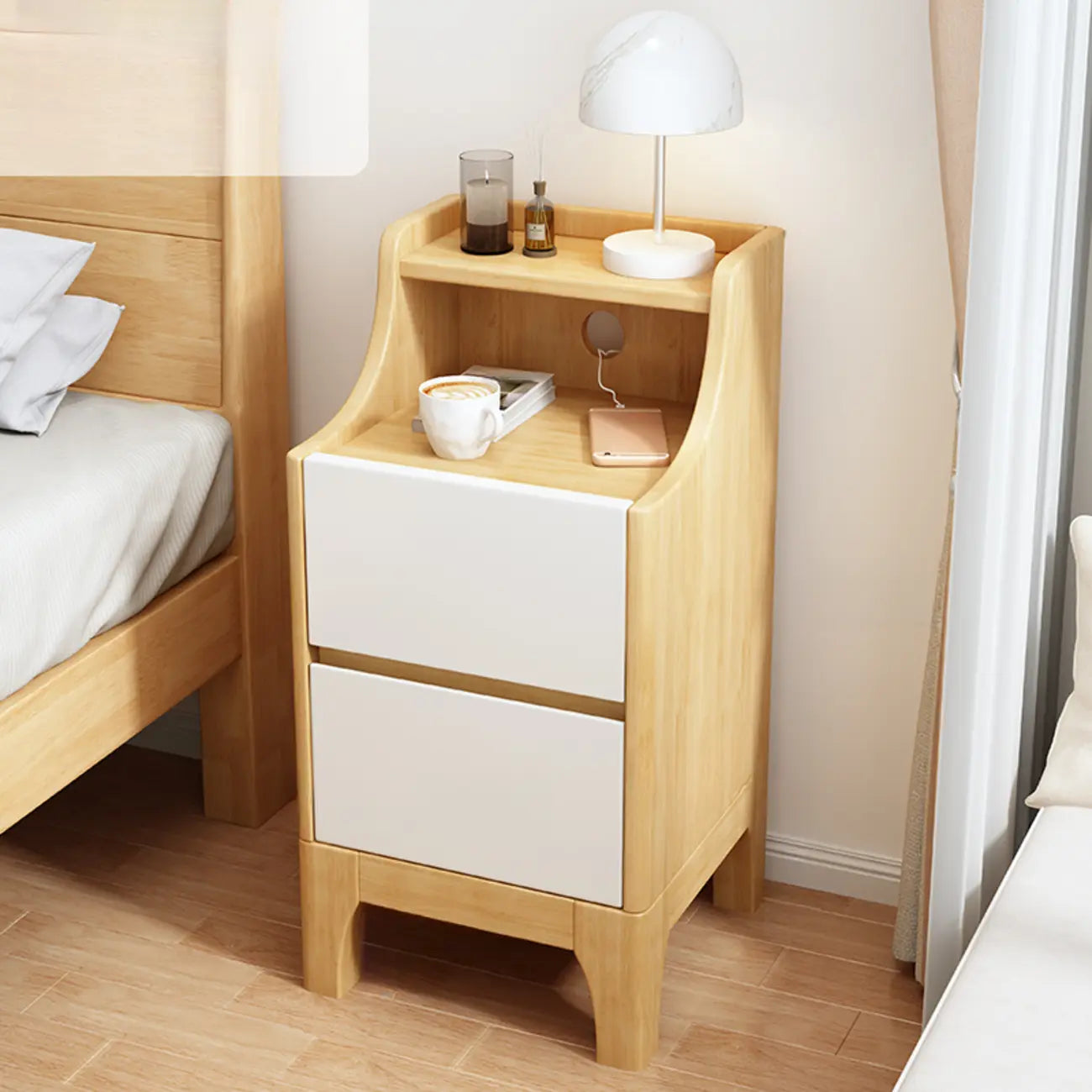 Table de chevet avec tiroir de rangement en bois naturel pour chambre à coucher