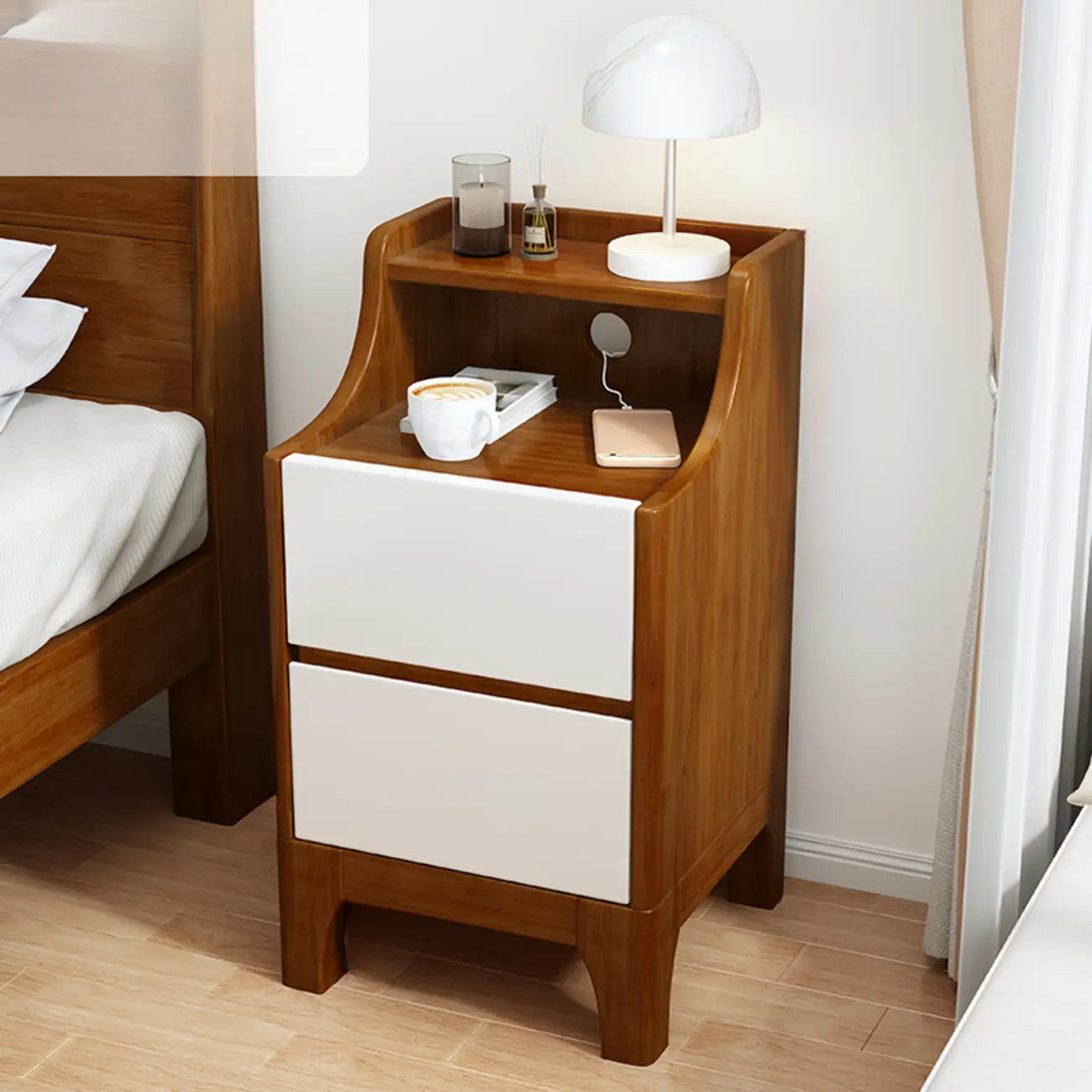 Table de chevet avec tiroir de rangement en bois naturel pour chambre à coucher