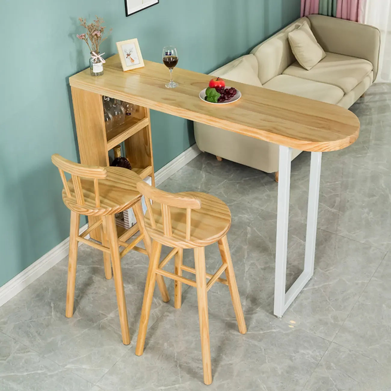 Table de bar moderne asymétrique en bois avec rangement et assise
