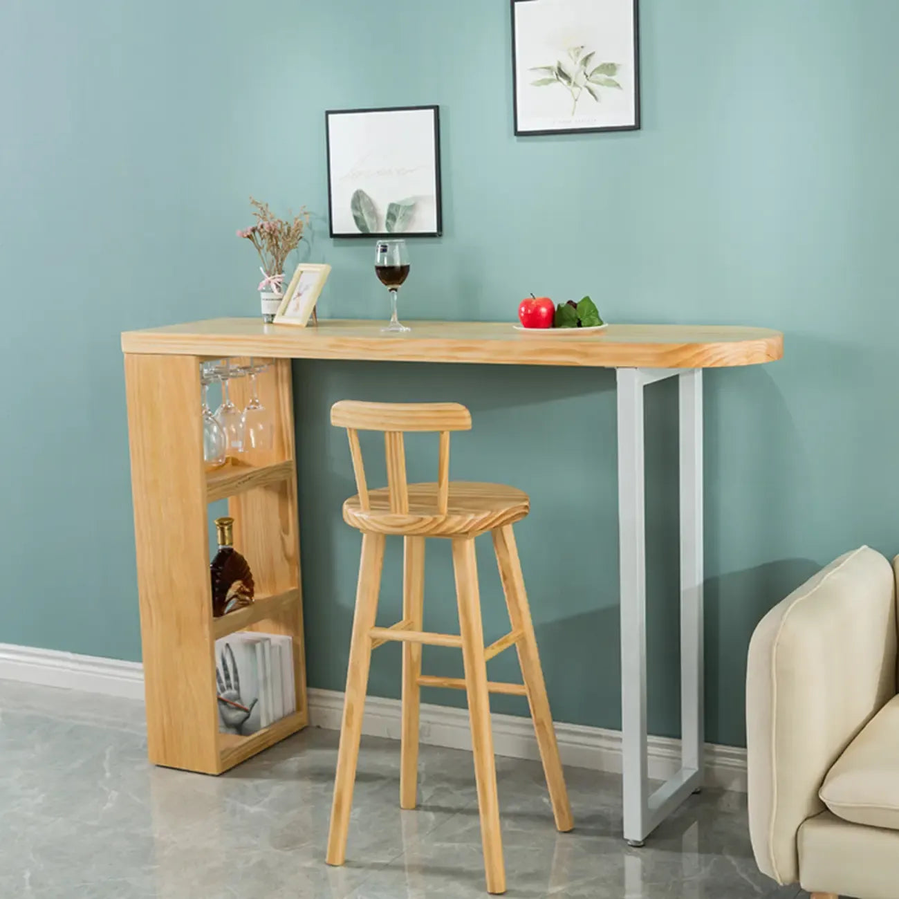 Table de bar moderne asymétrique en bois avec rangement et assise