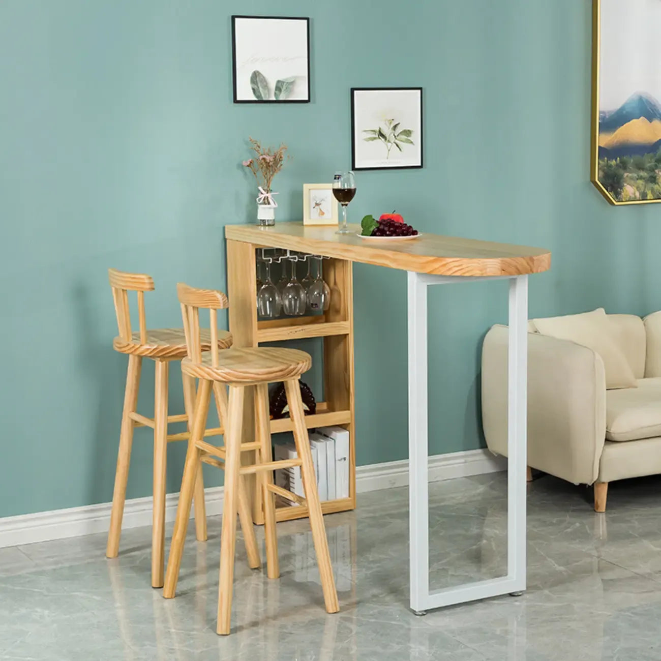 Table de bar moderne asymétrique en bois avec rangement et assise