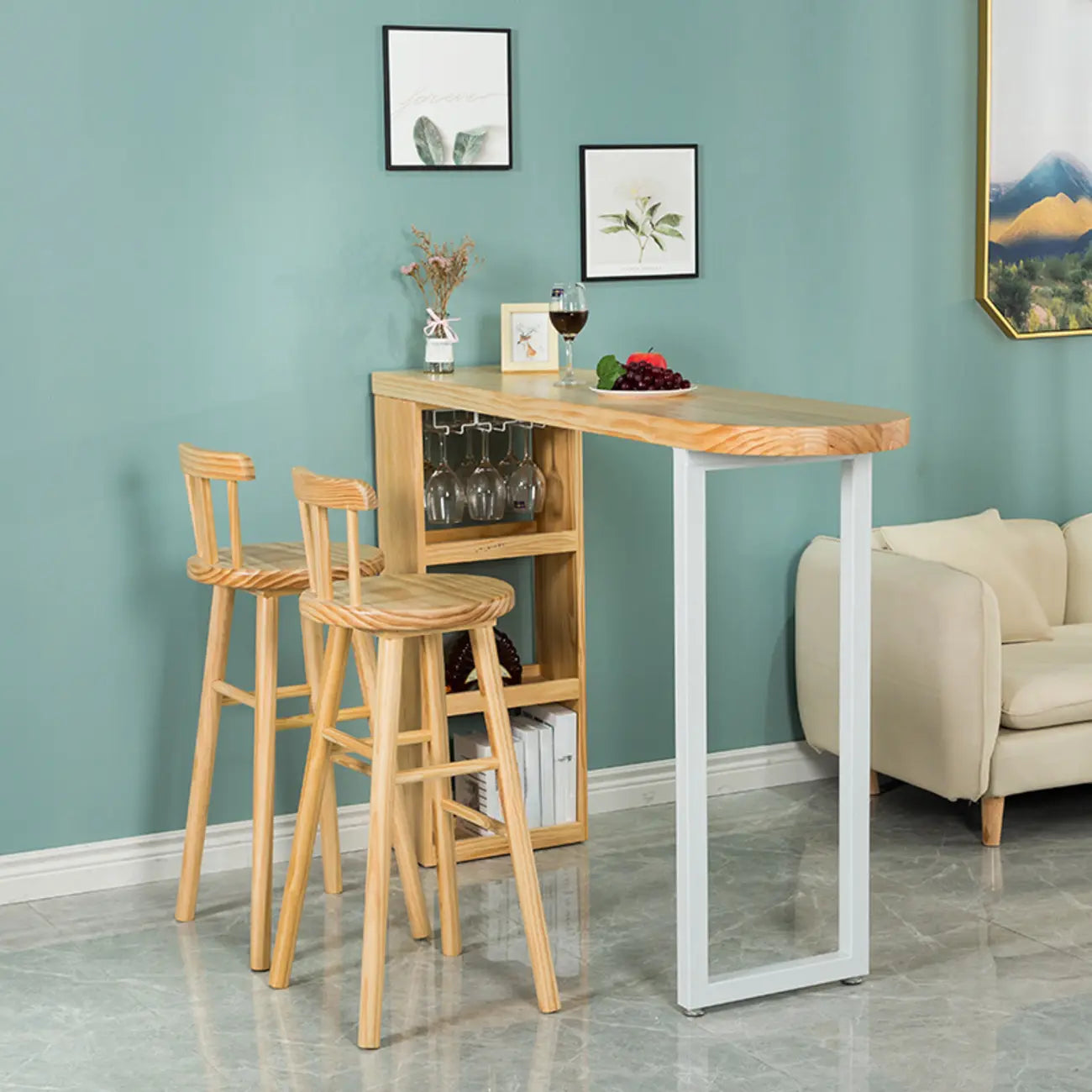 Table de bar moderne asymétrique en bois avec rangement et assise