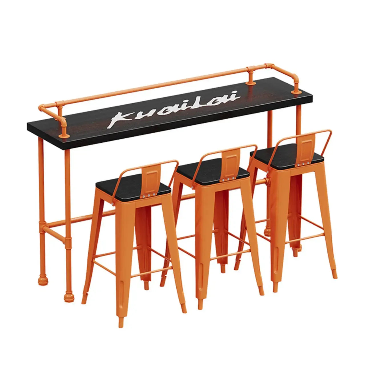 Tables de bar industrielles avec plateau en bois dur noir et structure orange