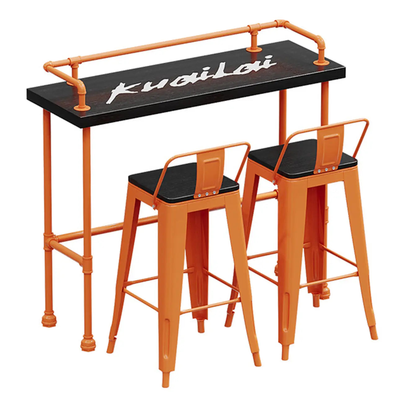Tables de bar industrielles avec plateau en bois dur noir et structure orange