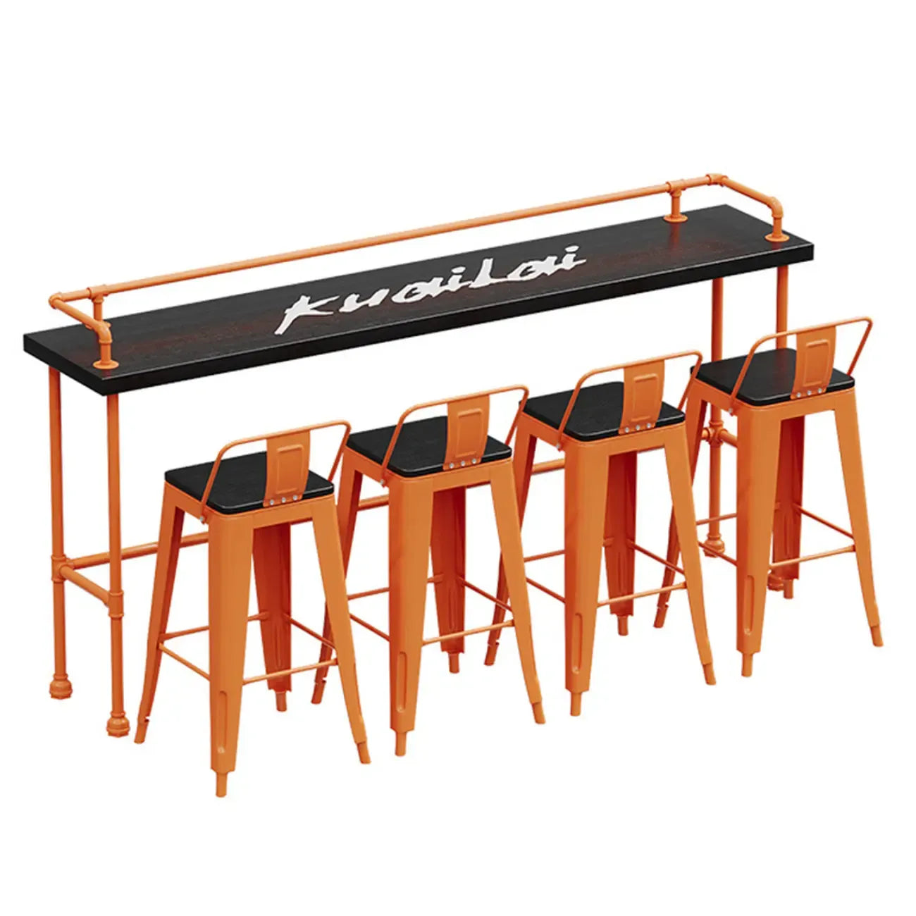 Tables de bar industrielles avec plateau en bois dur noir et structure orange