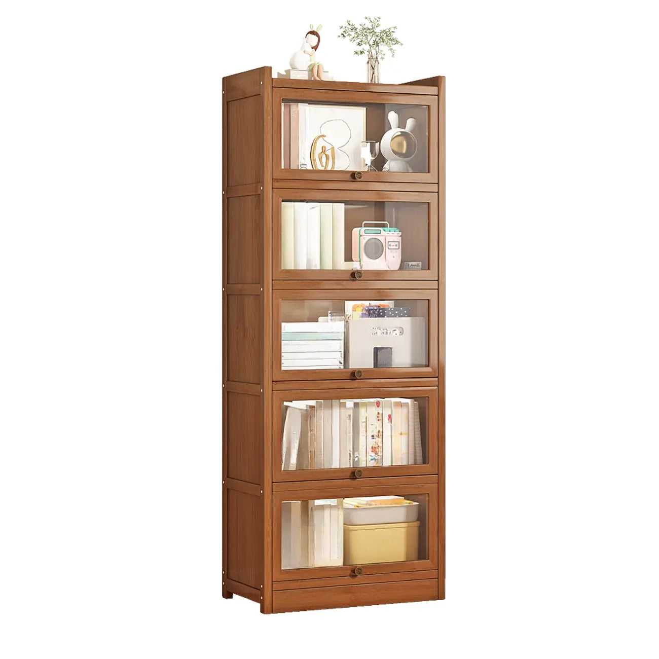 Vitrine moderne en bois brun avec façade en verre transparent