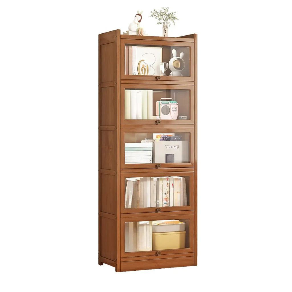 Vitrine moderne en bois brun avec façade en verre transparent