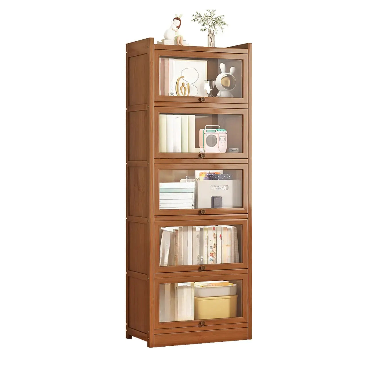 Vitrine moderne en bois brun avec façade en verre transparent