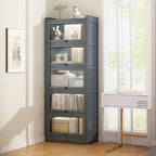 Vitrine moderne en bois brun avec façade en verre transparent