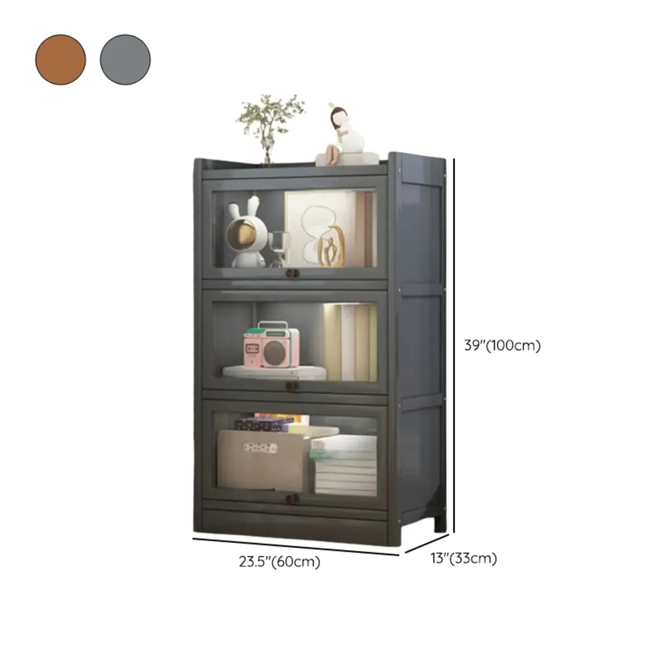 Vitrine moderne en bois brun avec façade en verre transparent