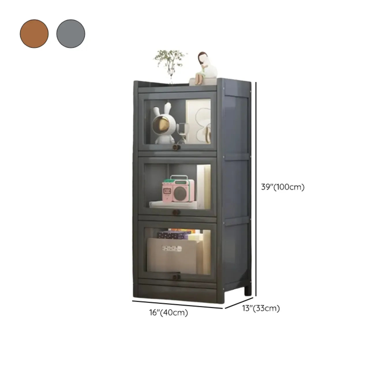 Vitrine moderne en bois brun avec façade en verre transparent