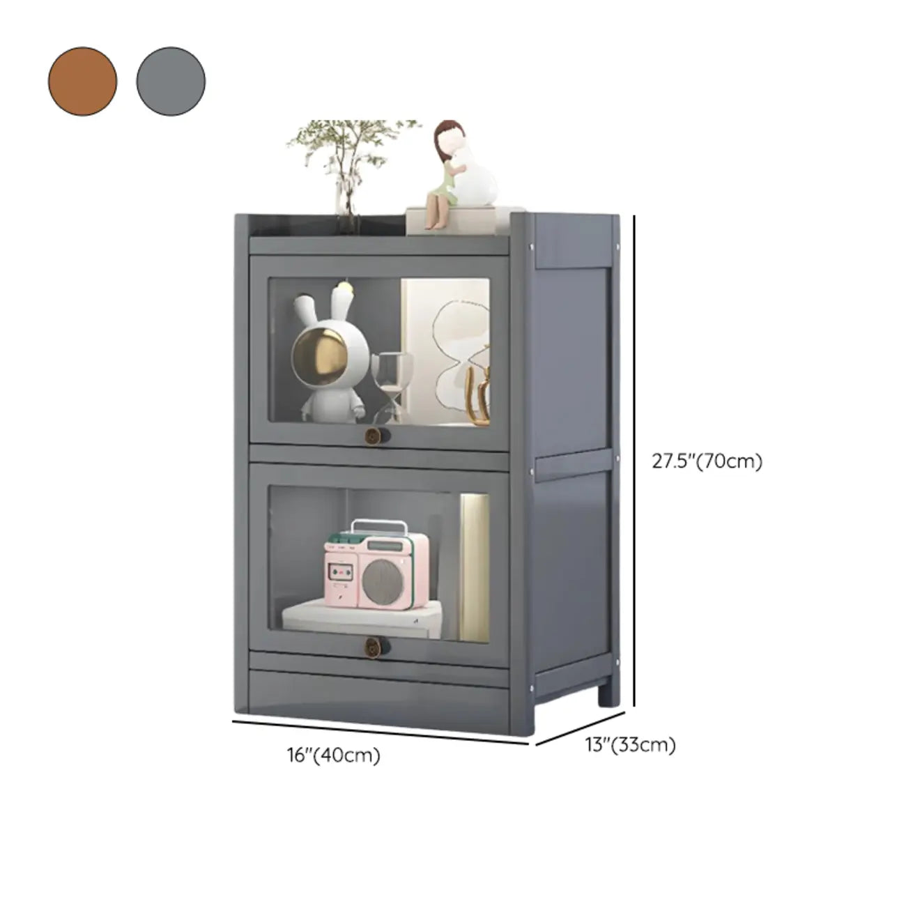 Vitrine moderne en bois brun avec façade en verre transparent