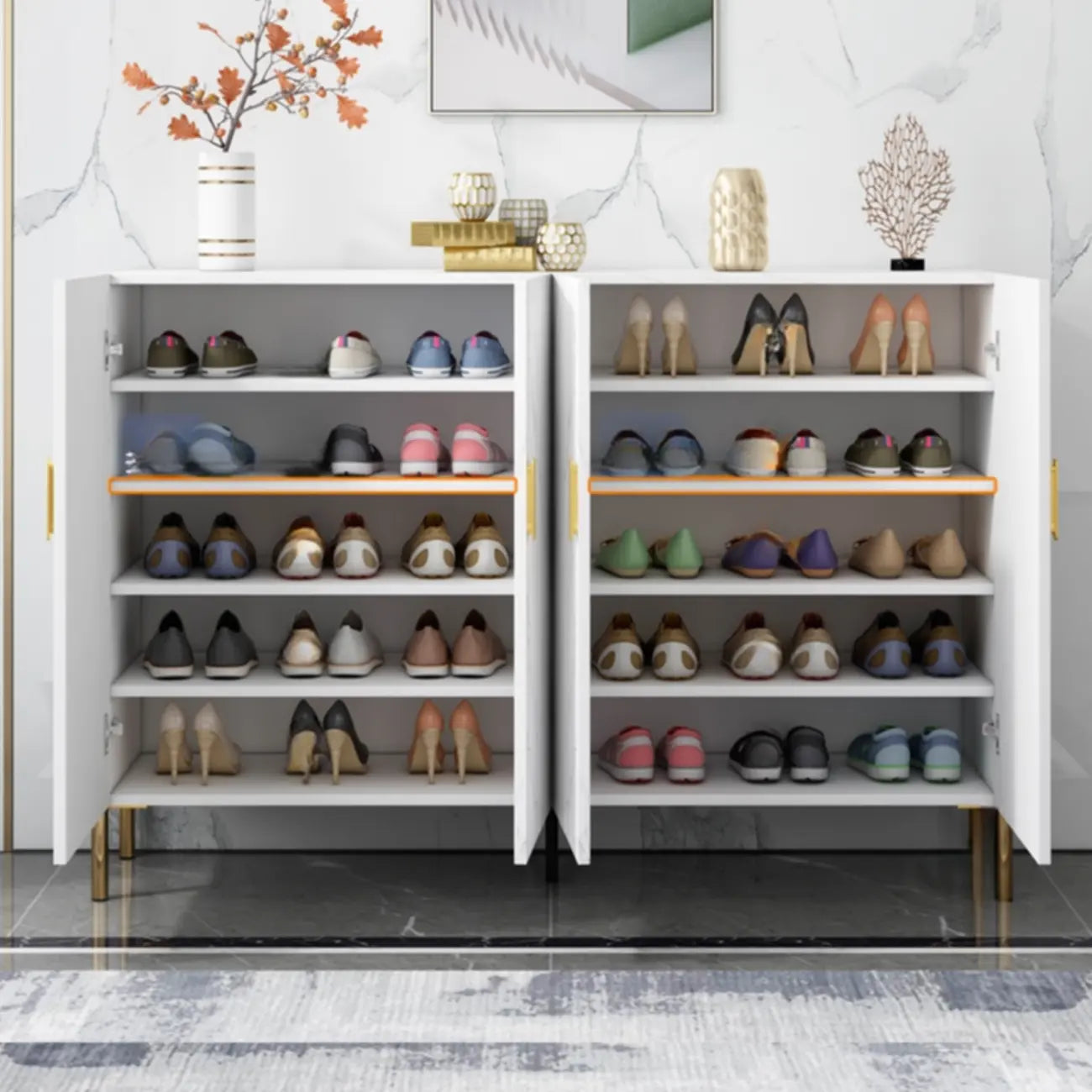 Meuble à chaussures blanc en bois avec pieds dorés pour entrée