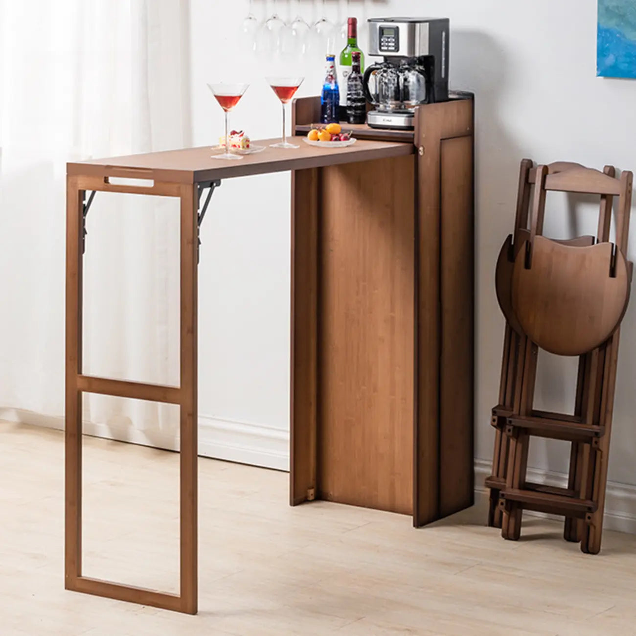 Tables de bar de rangement extensibles manuellement en bambou brun