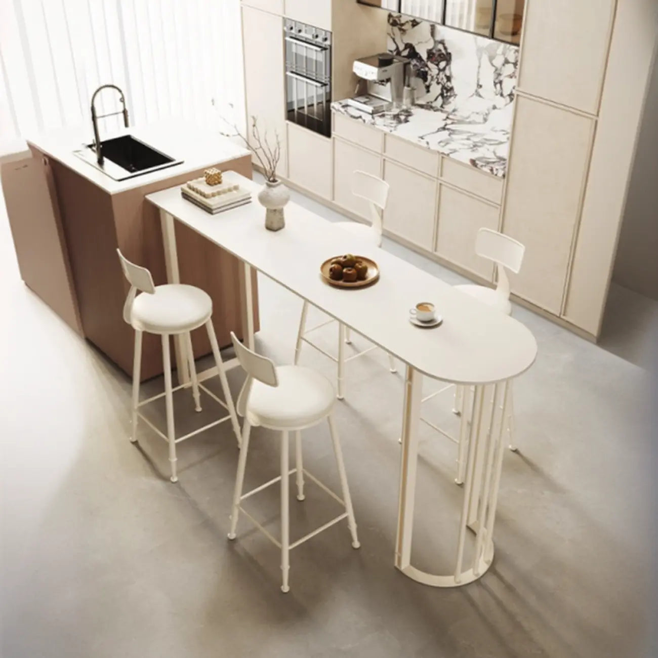 Table de bar blanche en pierre frittée de forme libre
