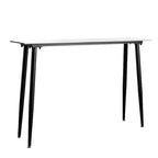 Table de bar moderne avec plateau en travertin gris et pieds en métal, idéale pour la salle à manger.
