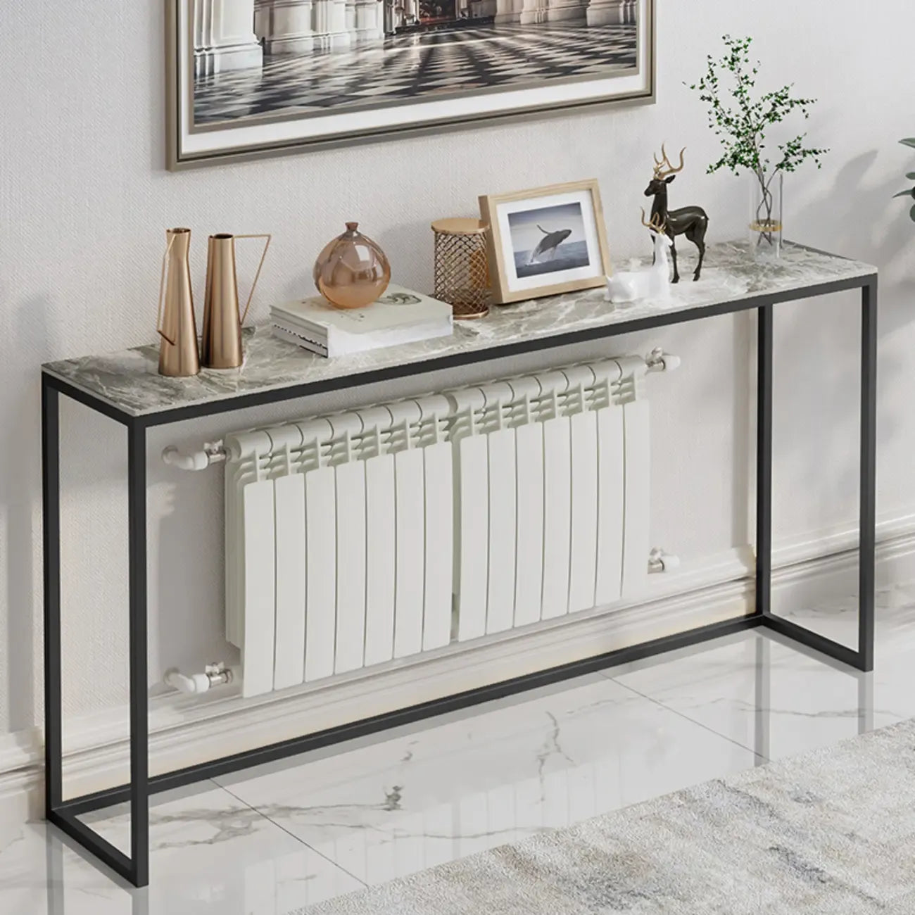 Tables de bar minimalistes en métal noir avec plateau en pierre