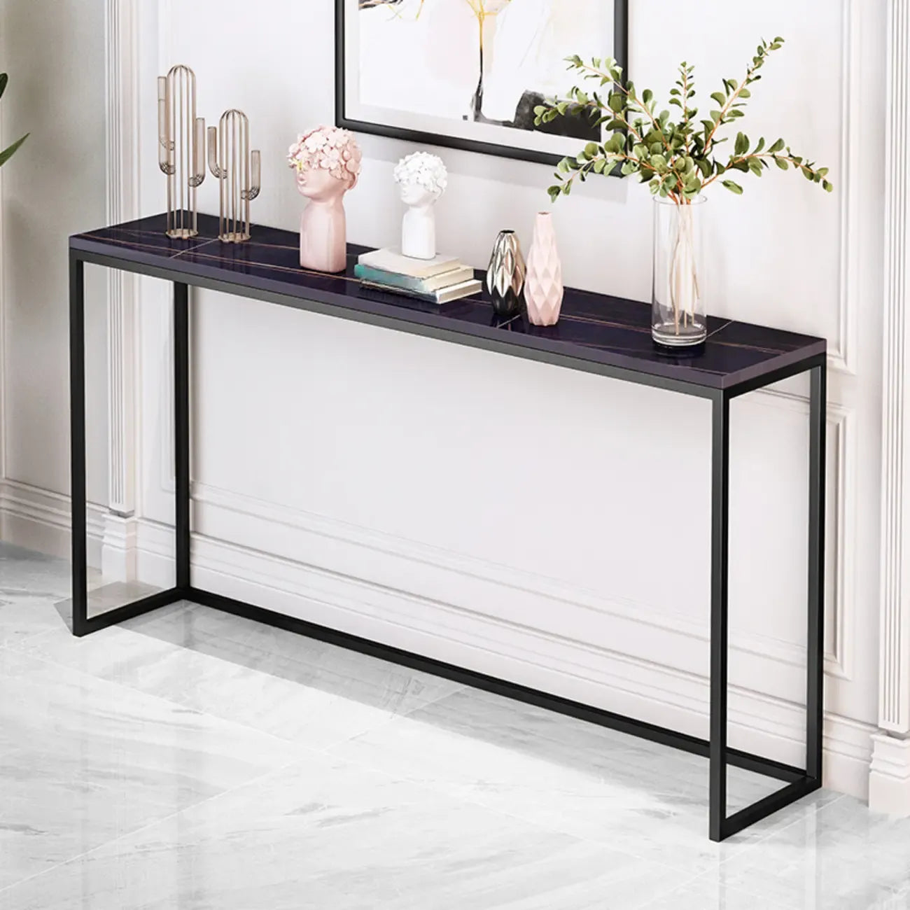 Tables de bar minimalistes en métal noir avec plateau en pierre