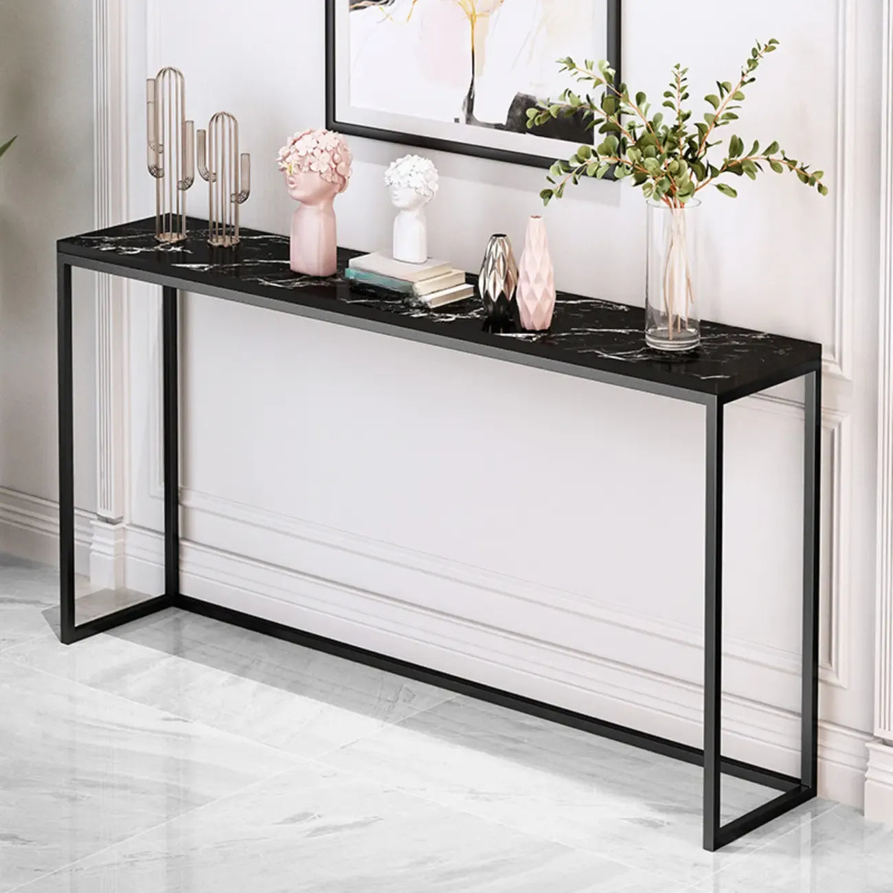 Tables de bar minimalistes en métal noir avec plateau en pierre