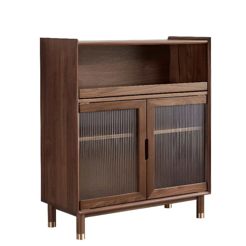 Armoire de rangement moderne en bois brun avec porte en verre et étagère réglable