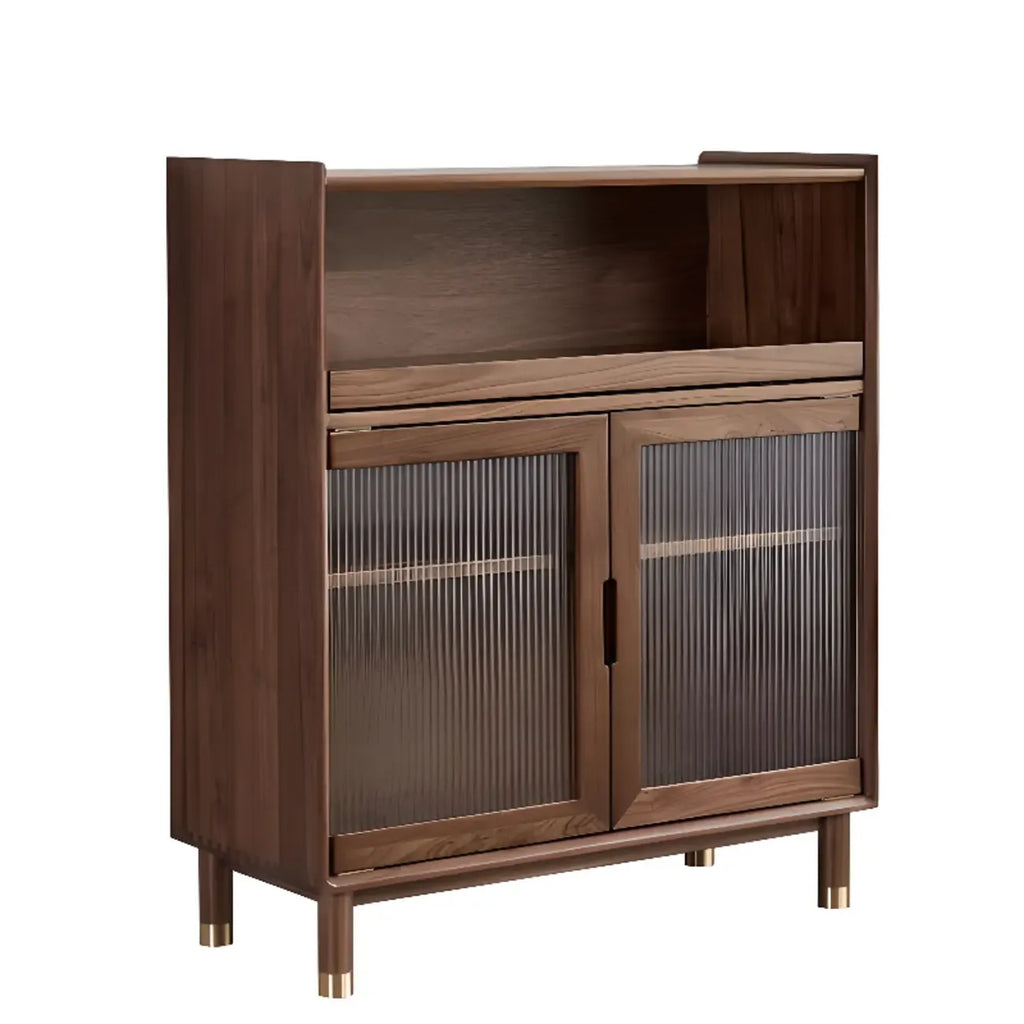 Armoire de rangement moderne en bois brun avec porte en verre et étagère réglable