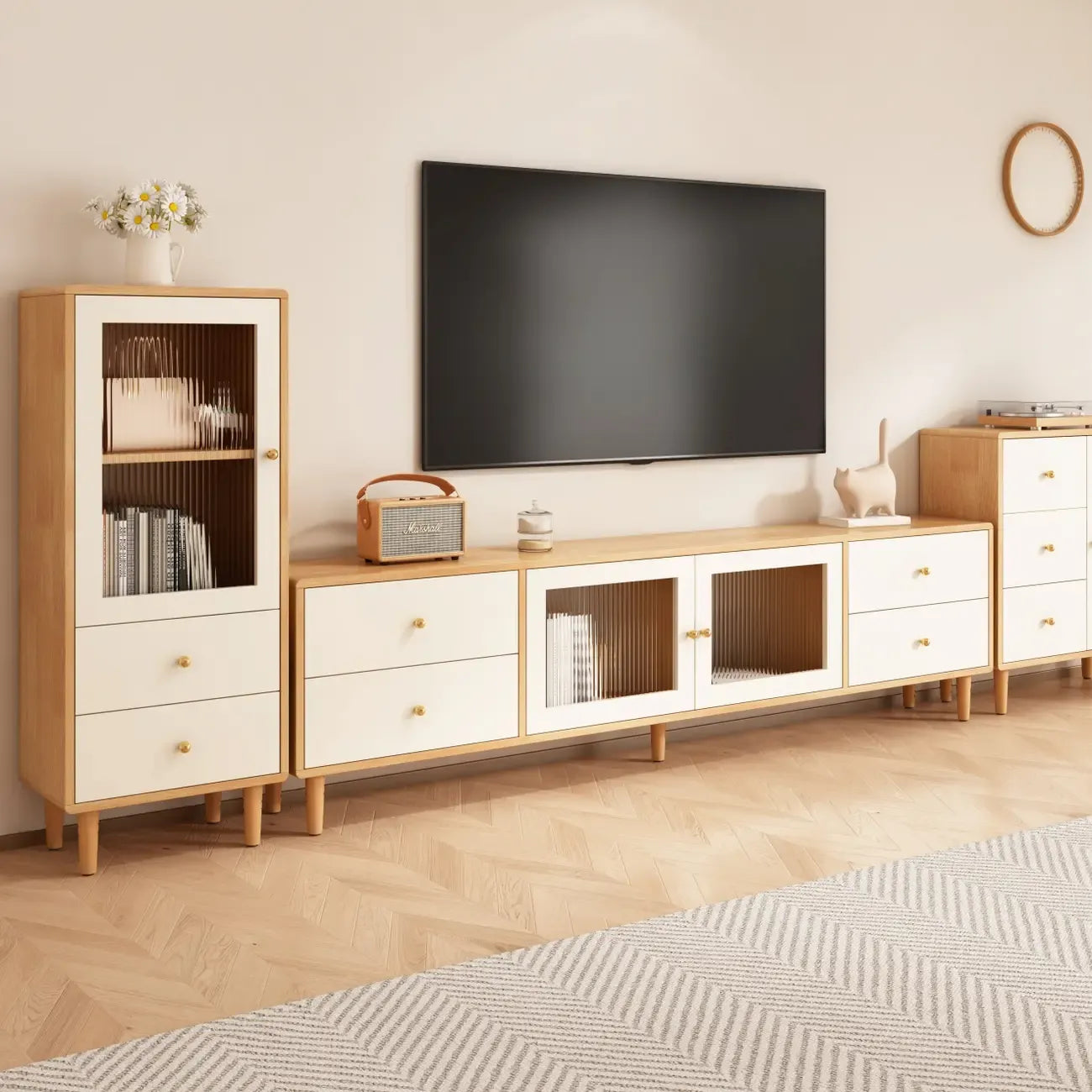Mobile TV con cassetti e gestione cavi in legno naturale da 55 pollici